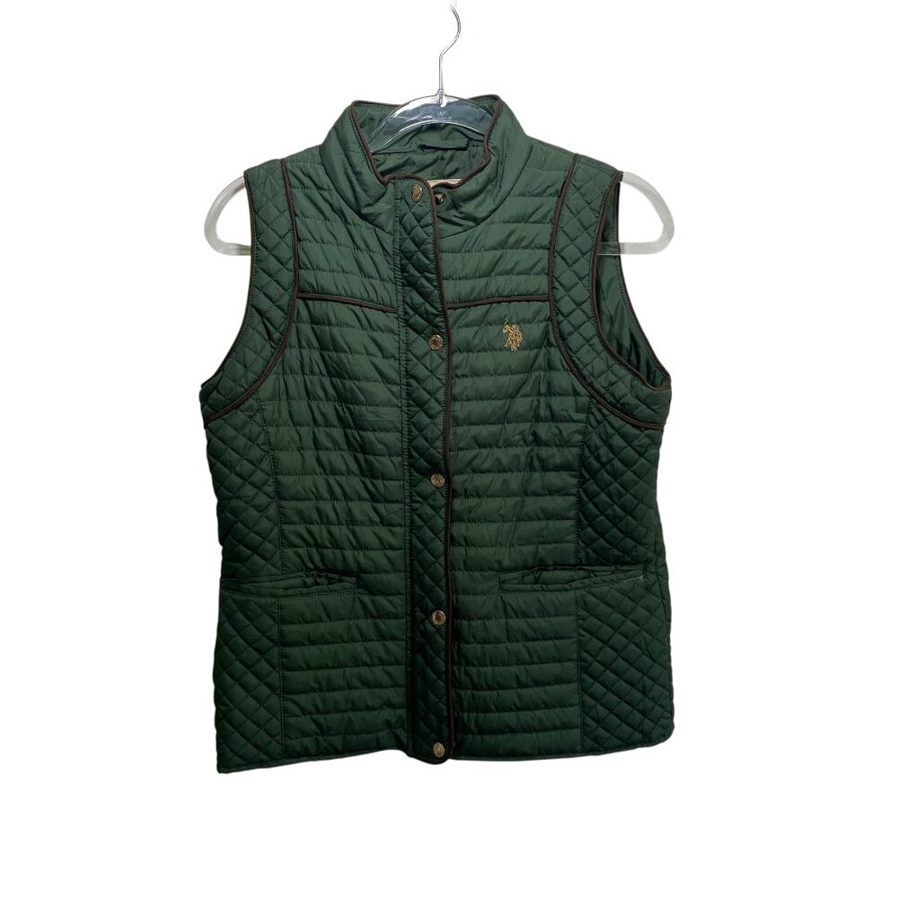 US Polo Assn Quilted Puffer Vest Women M Green Pony Flesh Preppy Gold Snaps Zip